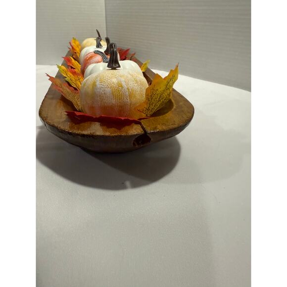 Carved Wooden Dough Bowl Primitive Wood Rustic Fall Decor, Pumpkins, Leaves - Picture 6 of 13